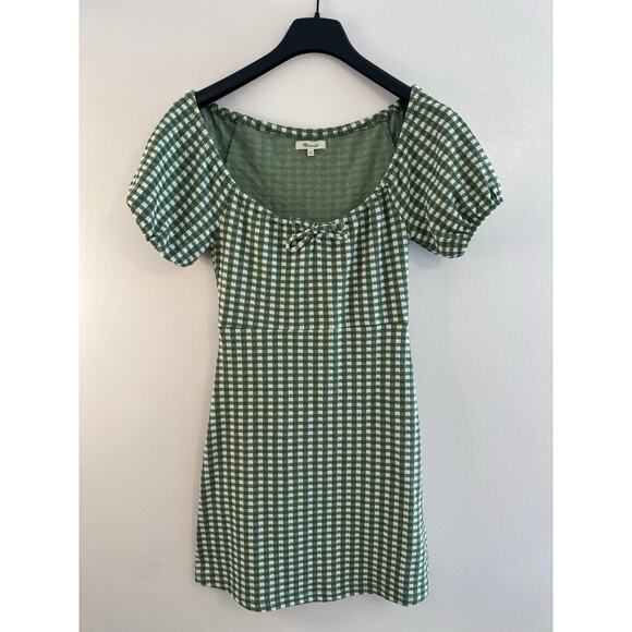 Madewell Jacquard Puff-Sleeve Preppy Mini Dress in Green Gingham Check Size XXS - Picture 3 of 8
